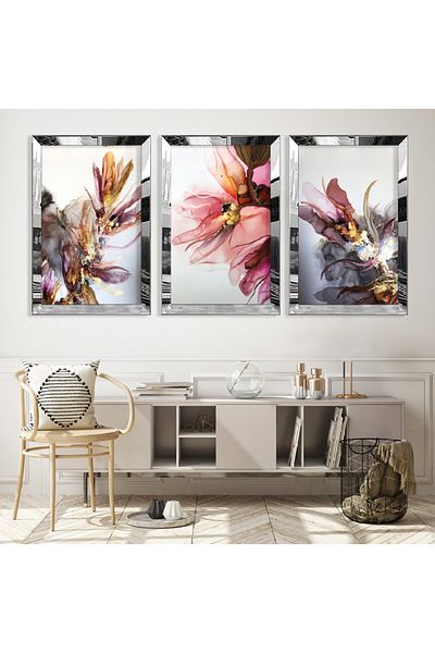 Zevahir Mobilya Dekorasyon Set de masă din MDF cu flori colorate cu cadru din plexiglas cu oglindă argintie