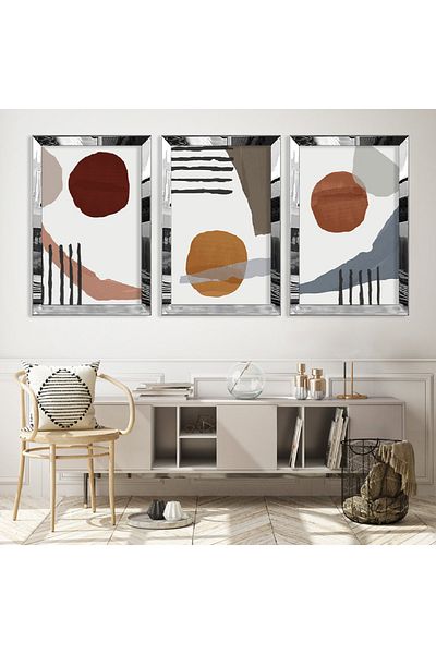 Zevahir Mobilya Dekorasyon Set de picturi din MDF triplu cu model abstract triplu cu cadru din plexiglas cu oglindă argintie