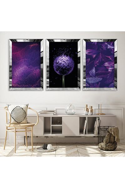 Zevahir Mobilya Dekorasyon Set de masă din MDF cu flori de culoare violet cu cadru din plexiglas cu oglindă argintie