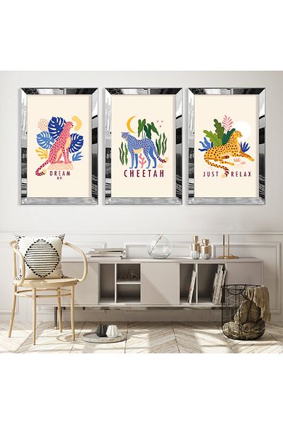 Zevahir Mobilya Dekorasyon Set de masă din MDF triplu Cheetah cu cadru din plexiglas cu oglindă argintie