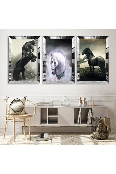 Zevahir Mobilya Dekorasyon Set de masă din MDF triplu pentru cal cu cadru din plexiglas cu oglindă argintie