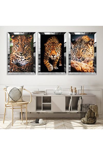 Zevahir Mobilya Dekorasyon Set de masă din MDF triplu Cheetah cu cadru din plexiglas cu oglindă argintie
