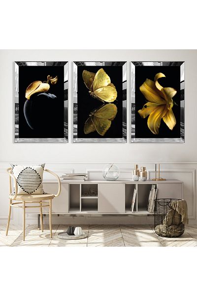Zevahir Mobilya Dekorasyon Set de masă modernă triplă din MDF cu flori de culoare aurie, cu cadru din plexiglas cu oglindă argintie