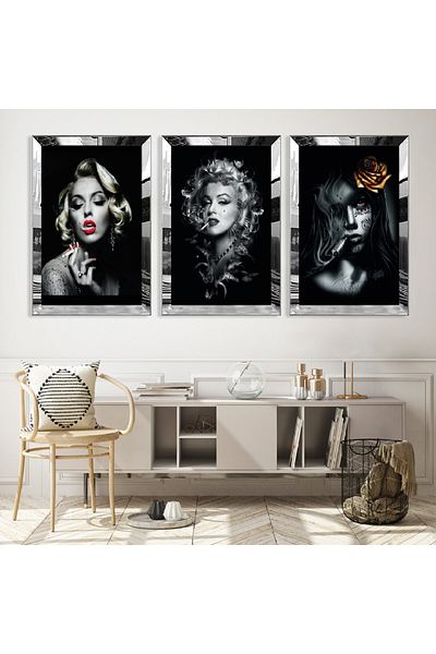 Zevahir Mobilya Dekorasyon Set de pictură din MDF triplu Marilyn Monroe cu cadru din plexiglas cu oglindă argintie