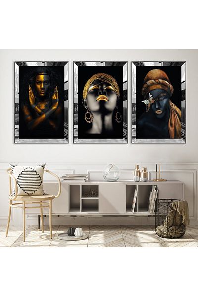 Zevahir Mobilya Dekorasyon Set de masă triplu MDF pentru femei negre cu cadru din plexiglas cu oglindă argintie