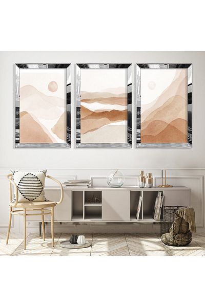Zevahir Mobilya Dekorasyon Set de pictură din MDF triplu de munte cu cadru din plexiglas cu oglindă argintie
