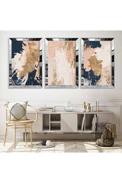 Zevahir Mobilya Dekorasyon Set de pictură triplu MDF cu forme triplu abstracte cu cadru din plexiglas cu oglindă argintie