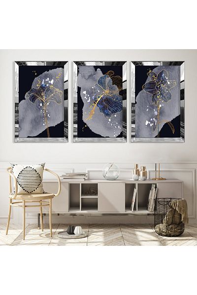 Zevahir Mobilya Dekorasyon Set de picturi din MDF cu model abstract triplu de plante mov cu cadru din plexiglas cu oglindă argintie