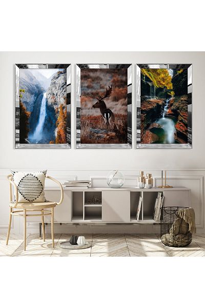 Zevahir Mobilya Dekorasyon Set de masă din MDF triplu Cascada Canyon cu cadru din plexiglas cu oglindă argintie