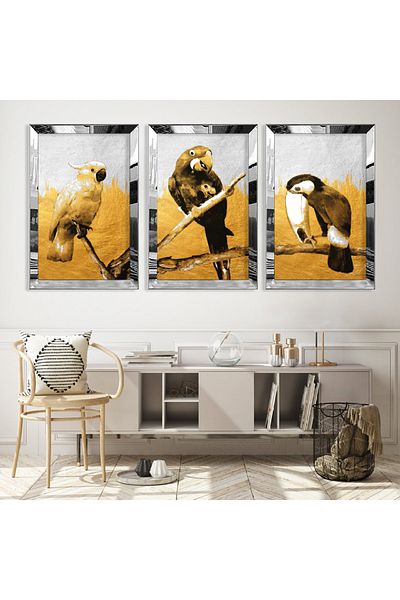 Zevahir Mobilya Dekorasyon Set de pictură din MDF triplu cu model abstract triplu papagal cu cadru din plexiglas cu oglindă argintie