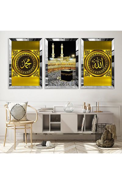 Zevahir Mobilya Dekorasyon Set de picturi din MDF triplu religios Kaaba și Allah Muhammad cu cadru din plexiglas cu oglindă argintie
