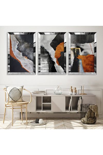 Zevahir Mobilya Dekorasyon Set de picturi din MDF triplu abstract cu model cu cadru din plexiglas cu oglindă argintie