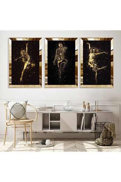 Zevahir Mobilya Dekorasyon Σετ Τραπέζι Τριπλό MDF Art Modern με χρυσό καθρέφτη από πλεξιγκλάς