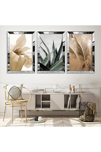 Zevahir Mobilya Dekorasyon Gümüş Aynalı Pleksi Çerçeveli Bitki Üçlü Mdf Tablo...
