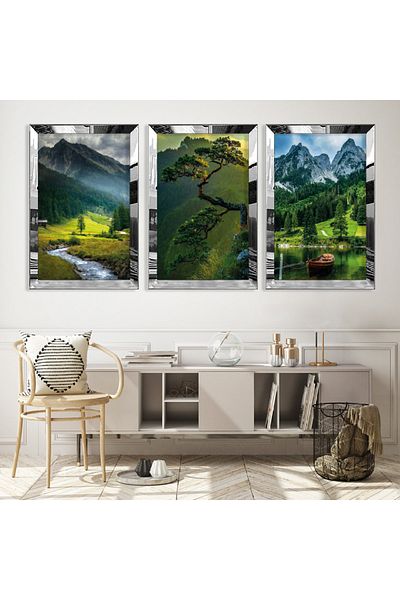Zevahir Mobilya Dekorasyon Σετ ζωγραφικής Nature Landscape Τριπλό MDF με ασημί καθρέφτη πλεξιγκλάς