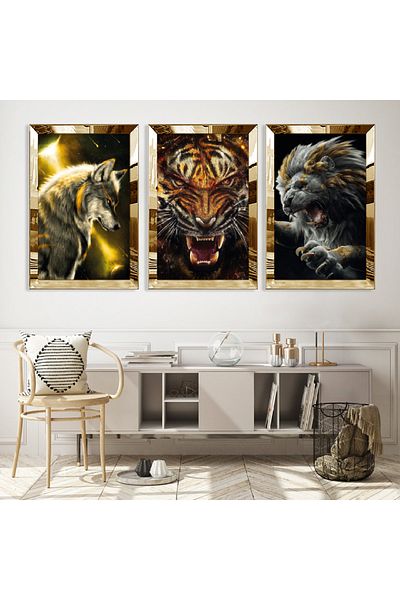 Zevahir Mobilya Dekorasyon Σετ τριπλό τραπέζι MDF Strong Animals με χρυσό καθρέφτη από πλεξιγκλάς