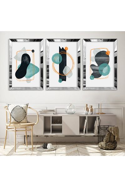 Zevahir Mobilya Dekorasyon Set de picturi din MDF triplu cu model abstract triplu cu cadru din plexiglas cu oglindă argintie