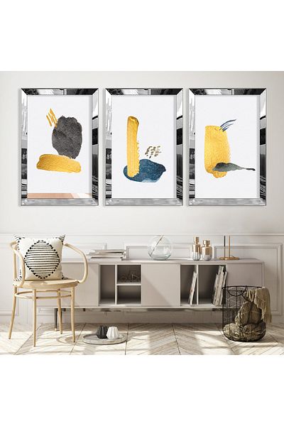 Zevahir Mobilya Dekorasyon Set de pictură triplu MDF cu forme triplu abstracte cu cadru din plexiglas cu oglindă argintie