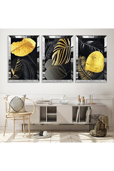 Zevahir Mobilya Dekorasyon Set de pictură din MDF triplu cu cadru din plexiglas cu oglindă argintie