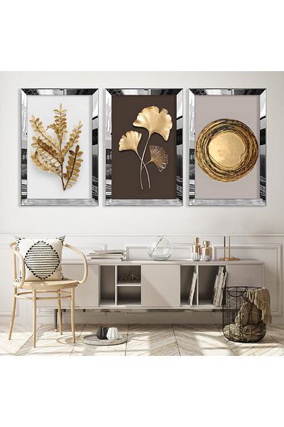Zevahir Mobilya Dekorasyon Set de pictură din MDF triplu cu frunze de aur cu fundal cu cadru din plexiglas cu oglindă argintie