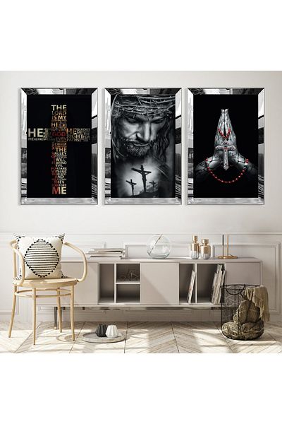 Zevahir Mobilya Dekorasyon Set de pictură din MDF cu triplu religios creștin cu cadru din plexiglas cu oglindă argintie