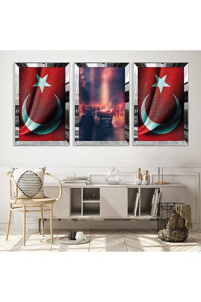 Zevahir Mobilya Dekorasyon Σετ τριπλού τραπεζιού MDF Martyrs Immortal με ασημί καθρέφτη από πλεξιγκλάς