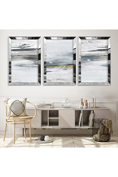 Zevahir Mobilya Dekorasyon Set de picturi din MDF triplu cu model abstract triplu cu cadru din plexiglas cu oglindă argintie