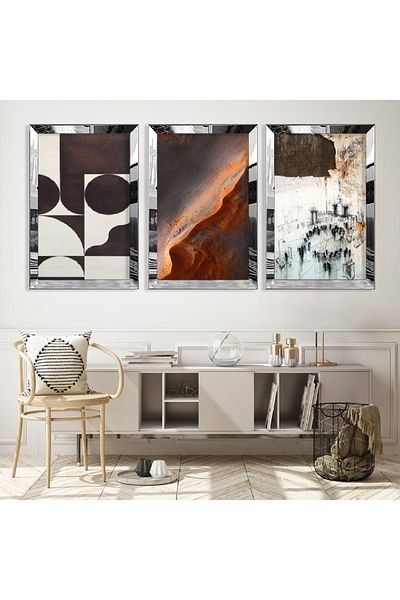 Zevahir Mobilya Dekorasyon Set de pictură triplă MDF cu fundal cu cadru din plexiglas cu oglindă argintie