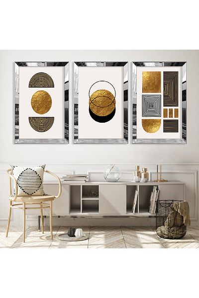 Zevahir Mobilya Dekorasyon Set de picturi din MDF triplu cu model abstract triplu cu cadru din plexiglas cu oglindă argintie