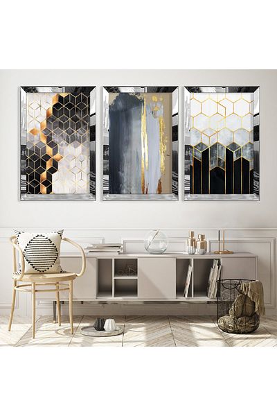 Zevahir Mobilya Dekorasyon Set de picturi din MDF triplu cu model abstract triplu cu cadru din plexiglas cu oglindă argintie