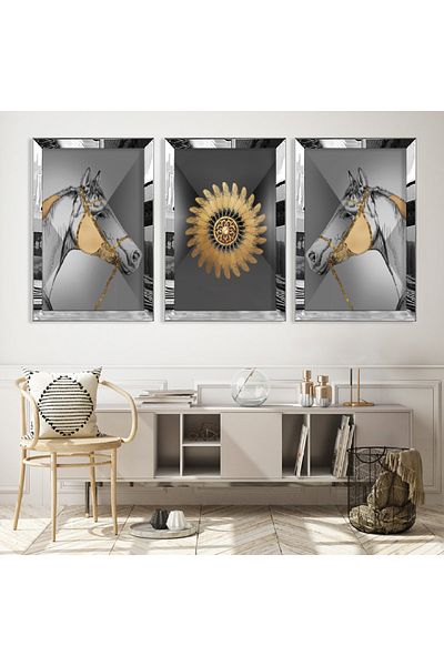 Zevahir Mobilya Dekorasyon Set de picturi din MDF triplu cu model abstract triplu minimalist cu cadru din plexiglas cu oglindă argintie
