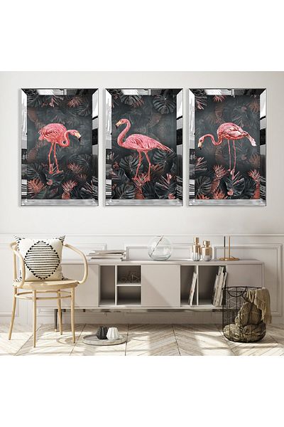 Zevahir Mobilya Dekorasyon Σετ Τριπλό Τραπέζι MDF Flamingo με Ασημί Καθρέφτης Πλεξιγκλάς