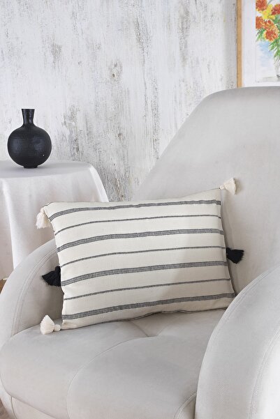 ÖDEL HOME Natural-Black Corded Line Patterned Pompom 35X50 cm Throw Pillow