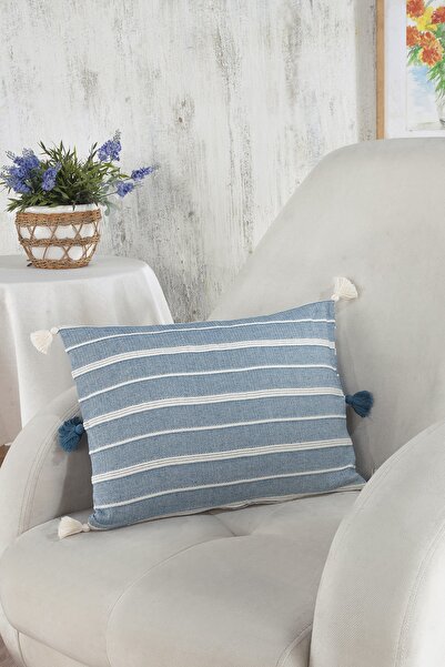 ÖDEL HOME وسادة رمي منقوشة باللون الأزرق البترولي مع بوم بوم مقاس 35 × 50 سم