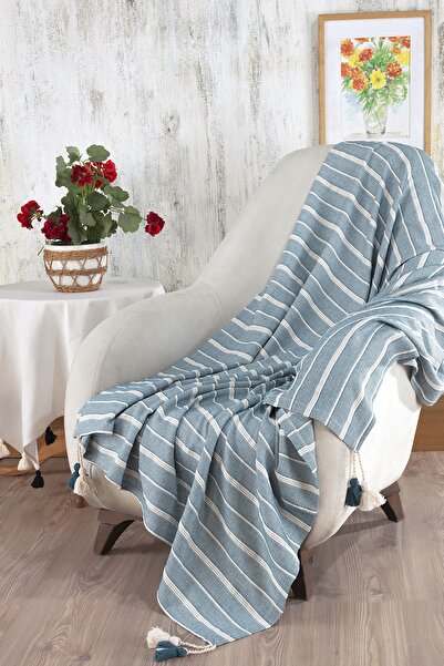 ÖDEL HOME غطاء أريكة من القماش المضلع باللون الأزرق البترولي مع بوم بوم مقاس 140 × 180 سم