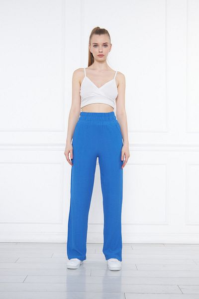 THIFF GYMWEAR Blue Elastic Waist Wide Leg Double Pocket High Waist Sweater Knitted Women's Trousers