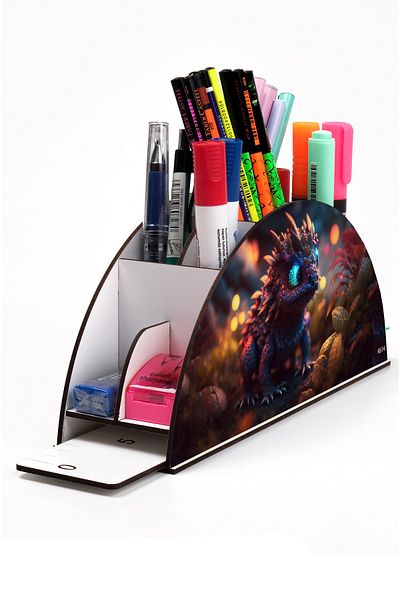 kutuTR Wooden Vip Dragon And Dinosaur Series Rainbow Ruled Desktop Pen Holder Organizer Assembled Boxed