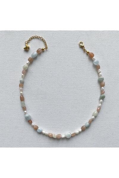 SOVEY Güneş Taşı Inci Ve Akumarin Doğal Taş Tasarım Kolye