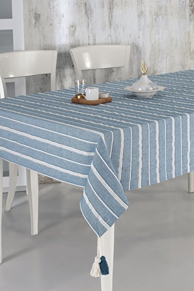 ÖDEL HOME مفرش طاولة من قماش بولدان بتفاصيل بوم بوم مخططة