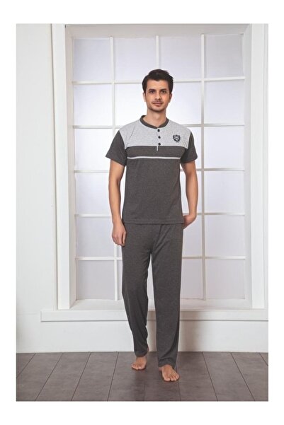 KMKkombin Men's Short Sleeve Bottom Pajamas Long Cotton Summer Pajama Set