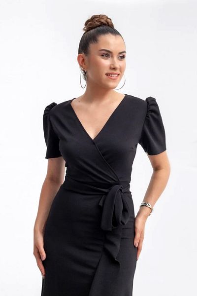 NY MODA Γυναικείο μαύρο κρεπ ύφασμα με φλουριά με ζώνη Κομψό βραδινό φόρεμα αποφοίτησης αρραβώνων γάμου