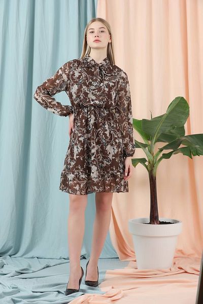 Neşeli Butik Γυναικείο φόρεμα με σχέδιο Rssn39 - Καφέ
