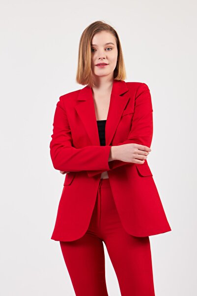 Volanlı Kırmızı Ceket Pantolon Takım Elbise