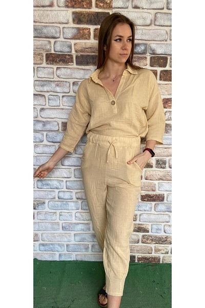 Z&N STYLE 100% Cotton Capri Sleeves Top and Bottom Summer Thin Muslin Fabric Set (2 Pieces)