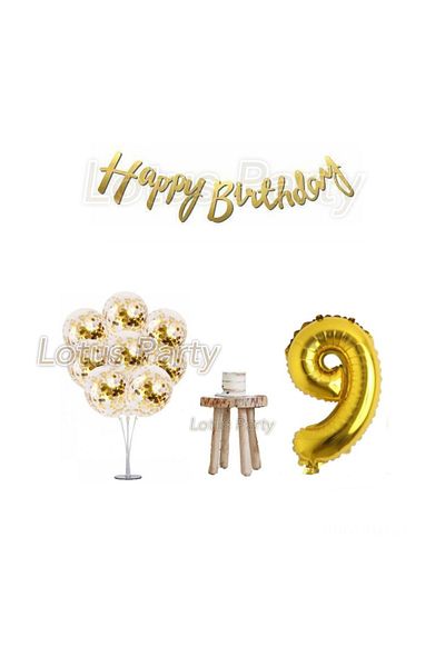 LOTUS PARTY Σετ γενεθλίων 9 ετών Gold Minimal Stand Balloon Gold Foil Balloon Gold Sequin Balloon Gold Happy Birthday