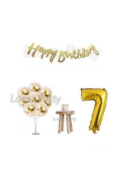 LOTUS PARTY Σετ γενεθλίων 7 ετών Gold Minimal Stand Balloon Gold Foil Balloon Gold Sequin Balloon Gold Happy Birthday
