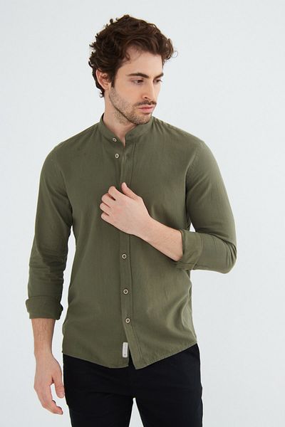 RAVANELLI Dark Khaki Prevailing Collar Modern Slim Fit Linen Look Flam Long Sleeve Men's Shirt