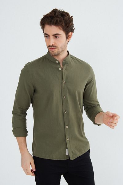 RAVANELLI Dark Khaki Prevailing Collar Modern Slim Fit Linen Look Flam Long Sleeve Men's Shirt
