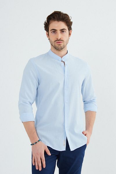 RAVANELLI Blue Prevailing Collar Modern Slim Fit Linen Look Flam Long Sleeve Men's Shirt