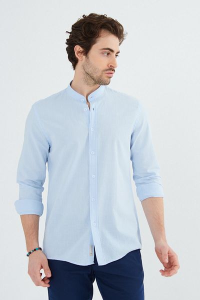 RAVANELLI Blue Prevailing Collar Modern Slim Fit Linen Look Flam Long Sleeve Men's Shirt